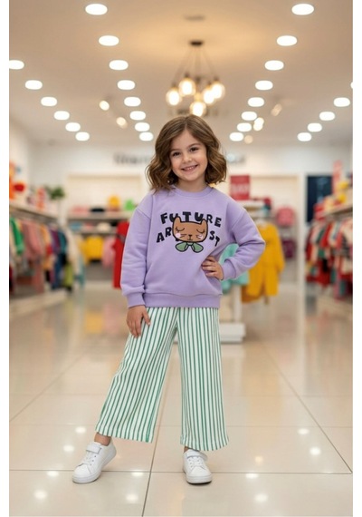Miniğimin Cicileri Future Artist Baskılı Sweatshirt Ve Yeşil Çizgili Kız Çocuk Pantolon Takım - Lila Miniğimin Cicileri Future Artist Baskılı Sweatshirt Ve Yeşil Çizgili Kız Çocuk Pantolon Takım - Lila