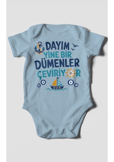 Morivokids Dayım Yine Bir Dümenler Çeviriyor Kısa Kollu Bebek Body %100 Pamuk Bebe Mavisi