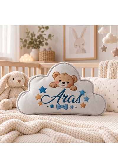 Bk Gift Kişiye Özel İsimli Gri Bulut Yastık-6 - Bebek Ve Çocuk Odası Dekoratif Yastık 34,5x22 Cm