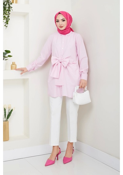 Çizgili Poplin Bağlamalı Gömlek - Pudra / Ü103 Pudra