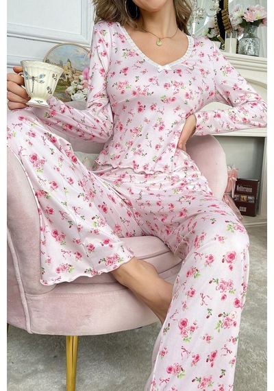 Bella Notte Romantik Pamuklu Dantel Detaylı Uzun Pijama Takımı Pembe