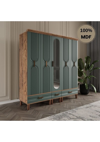 Zen 5 Kapak Ayaklı Tasarım Country Mdf Gardırop Yeşil