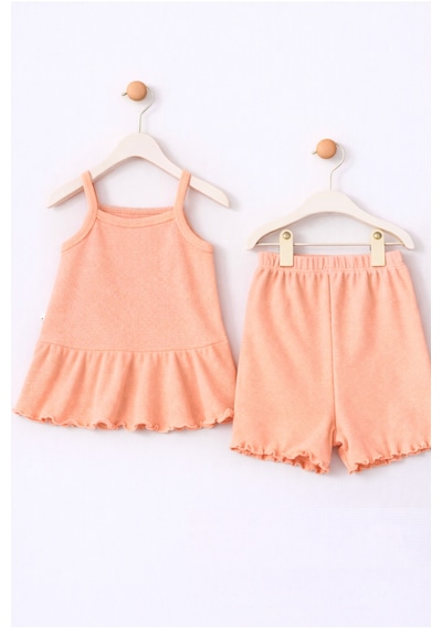 For My Baby Fitilli Kumaş 2 Li Kız Bebek Takım Şortlu Yazlık Mercan