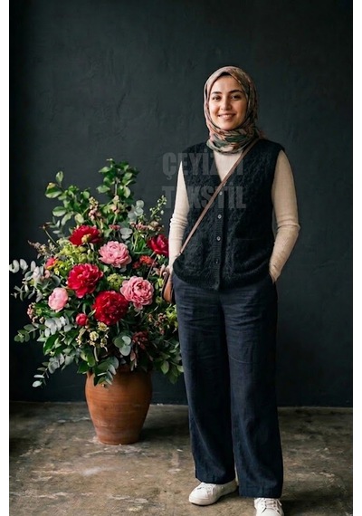 Ulupazarlama Yumoş Ponpon Düğmeli Yelek - Siyah