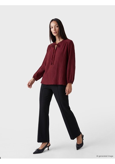 Lcw Everyday Bordo Bağlamalı Yaka Büzgülü Dokulu Bluz