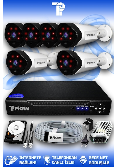 Picam 6 Kameralı Uzay 6 Dış Kamera Set 320 GB HDD Full HD Gece Görüşlü Güvenlik Kamerası Sistemi