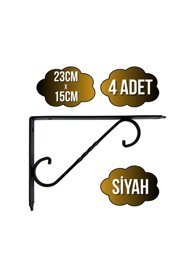 Raf Altı Ferforje Demir Tutucu L Raf Demiri Duvar Sabitleyici Metal Siyah 4 Adet 23cm X 15cm Siyah