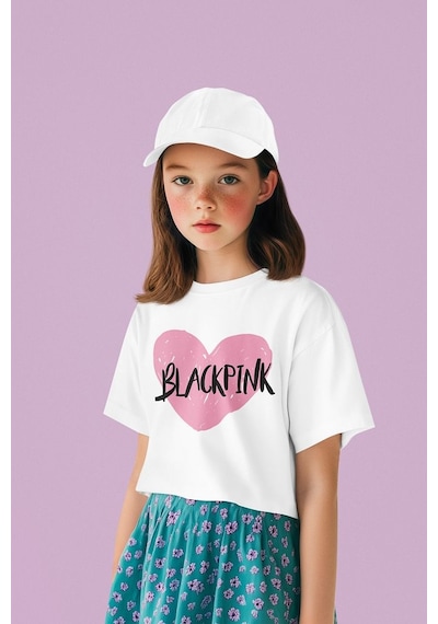 Sevbano Blackpink Kalp Temalı Baskılı Unisex Müzik Grubu Çocuk Tişört 1- Beyaz