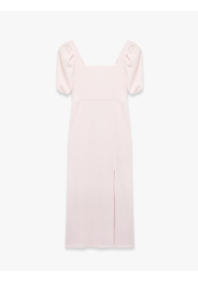 Koton Kare Yaka Sırtı Bağcıklı Slim Fit Kısa Balon Kol Yırtmaçlı Midi Bodycon Elbise Pembe 6sal80257ık Gül