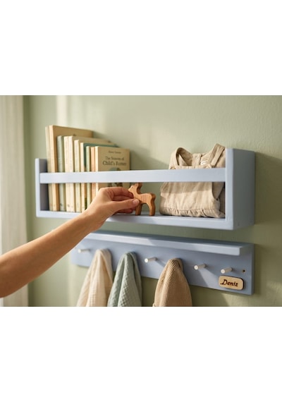 50 CM İkili Montessori Ahşap 50x10 Cm Duvar Rafı, İsme Özel Çocuk Odası Kitaplık Ve Askılık, Dekoratif Duvar Rafı, İkili Montessori Ahşap Çocuk Rafı. Mavi