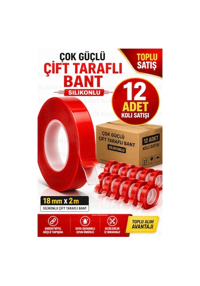 12 Adet Silikonlu Çift Taraflı Bant 18 Mm X 2 M Güçlü Yapışkan Şeffaf Montaj Bandı Ekonomik Koli Pak