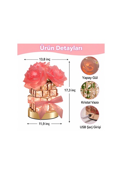 Kristal Cam Pembe Güllü Şarjlı Masa Lambası 4000 Mah Dokunmatik 3 Işık Modlu Dekoratif Gece Lambası