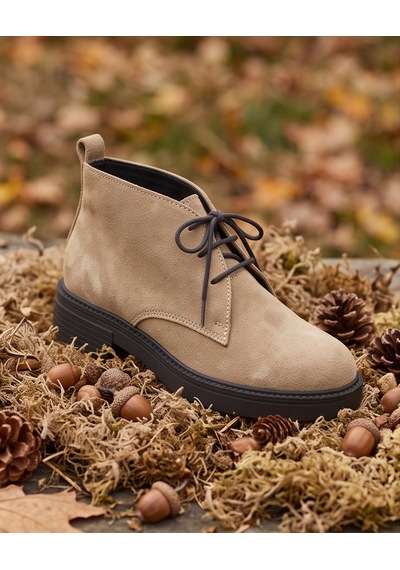 Futsishoes Aspen Camel Hakiki Süet Deri Bağcıklı Kısa Günlük Kadın Bot