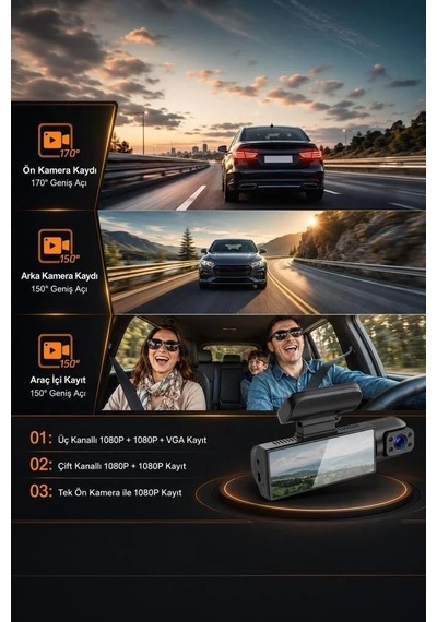 Premium Taşıt Ekipmanı Yol Aksesuarı Araç İçi Kamera 1080p Ta09 Siyah