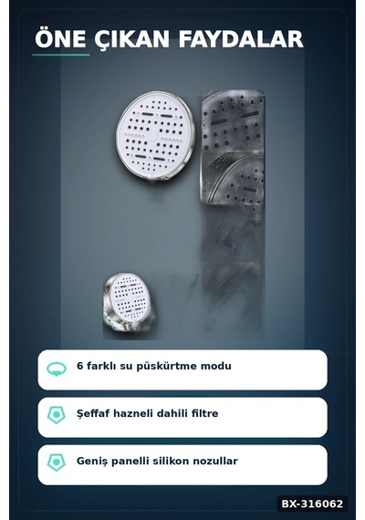 Filtreli Duş Başlığı 6 Kademeli Su Püskürtme Geniş Panel Silikon Nozullu Beyaz Bx-316062 Diğer