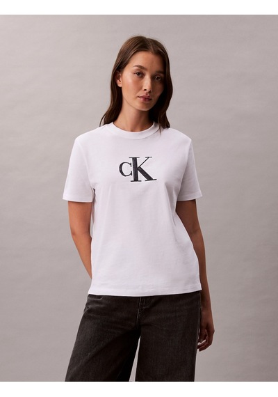 Calvin Klein Kısa Kollu Payetli Ck Grafikli Kadın Beyaz T-shirt Lv044e215g-yaa Beyaz