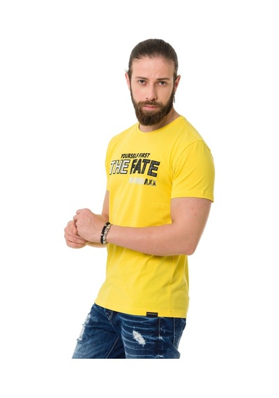 Erkek Kabartma Baskılı Bisiklet Yaka Kısa Kollu Tişört - Ct735 Sarı