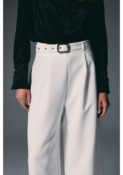 Sateen Kemerli Bol Pantolon - Ekru-136822 Ekru
