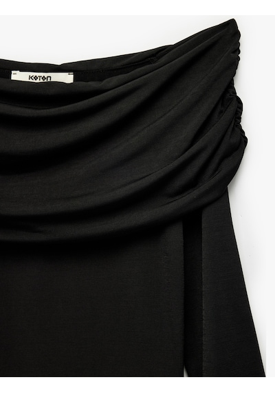 Koton Slim Fit Uzun Kollu Drapeli Omzu Açık Tişört Siyah 6wak80032ek SIYAH