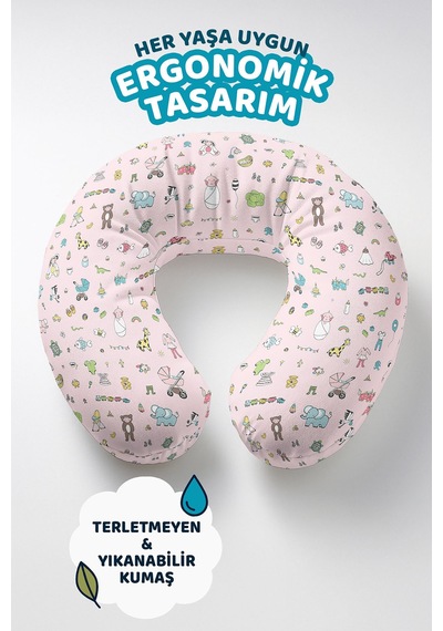 Sevimli Hayvanlar Desenli Pamuklu Boyun Yastığı - Pastel Pembe Yumuşak Seyahat Yastığı Koyu Dumanlı Orman Yeşili