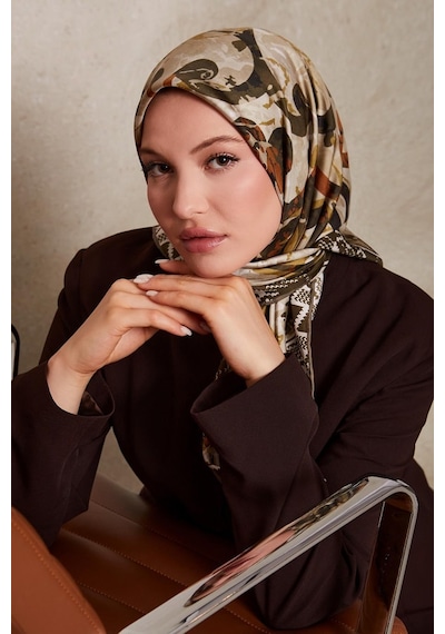 Levidor Desenli Twill İpek Eşarp-0918 Zeytin Yeşili