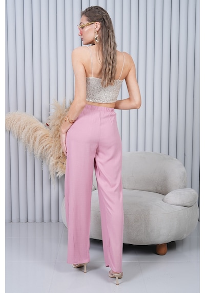 Polologin Butik Beli Bağcıklı Yüksek Bel Bol Paça Pudra Pantolon Pembe