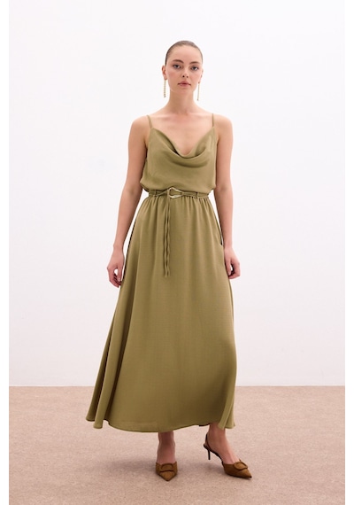Sateen Kemerli Uzun Etek - Haki-136081 Haki