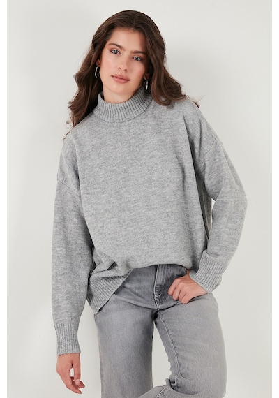 Lela Premium Oversize Fit Balıkçı Yaka Yumuşak Dokulu Triko Bayan Kazak 680Kz00469 Açık Gri