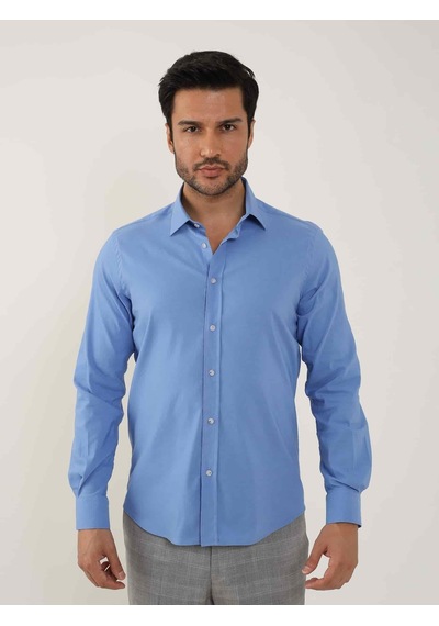 Dufy Koyu Mavi Erkek Slim Fit Düz Klasik Yaka Uzun Kol Gömlek - 92103-koyu Mavi Koyu Mavi