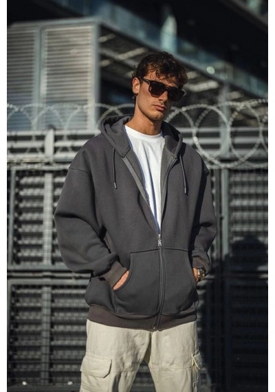 Freedom Storee Erkek Tam Fermuarlı Cepli Kapüşonlu 3 İplik Pamuklu Hoodie Sweatshirt - Füme Çok Renkli