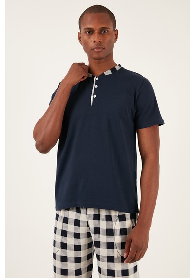 Buratti Ekoseli Pamuklu Regular Fit Kısa Kollu Erkek Pijama Takımı 60961007 Lacivert-Beyaz