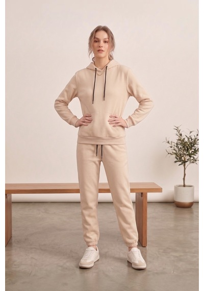 Moibody Kadın 3 İplik Şardonlu Eşofman Takımı Premium Kapüşonlu Sweatshirt Ve Jogger Alt Krem Krem