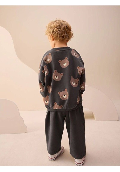 Mila Mood Unisex Çocuk Antrasit Ayıcık Baskılı 2'li Eşofman Takımı Sweatshirt Pantolon