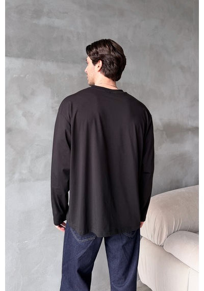 Erkek Oversize Uzun Kollu Basic T-shirt Siyah