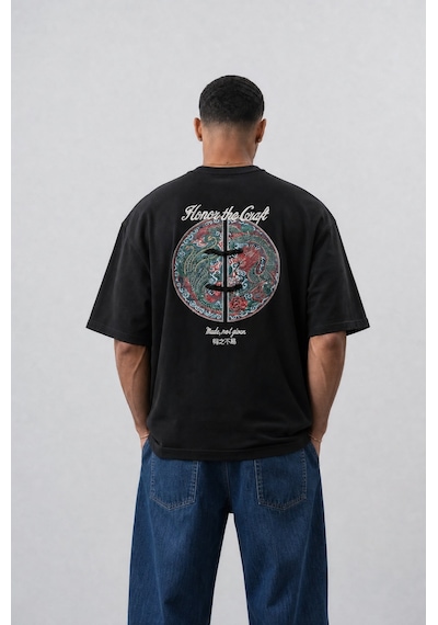 Respire Erkek Craft Nakış Detaylı Oversize T-shirt Siyah