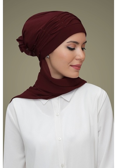 Hürrem Bone Bordo Pratik Hazır Geçmeli Tesettür Bone Sandy Kumaş Incili Nervü Bordo