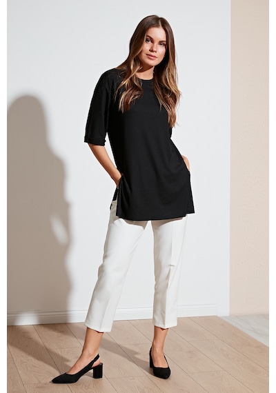 Lela Oversize Bisiklet Yaka Yırtmaç Detaylı Bayan Bluz 5863683 Siyah