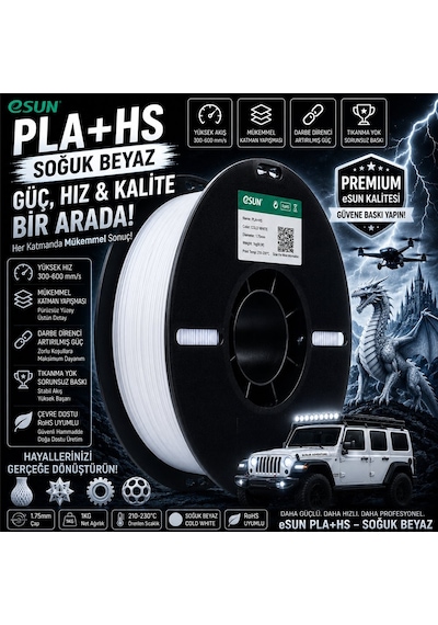 Esun Pla+hs Soğuk Beyaz 1.75mm Filament, Yüksek Hızlı Baskıya Uygun Yapısı, Parlak Beyaz Tonu Ve Güç