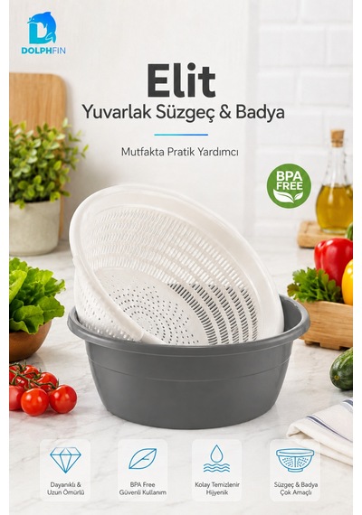 Elit Yuvarlak Süzgeç Ve Badya Seti Bpa Free Beyaz - Mavi