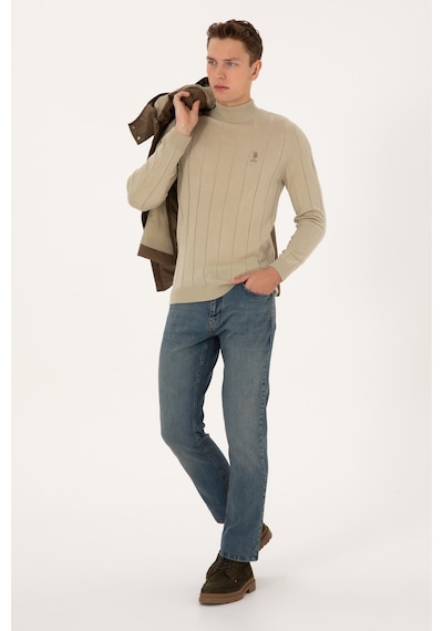 U.S. Polo Assn. Erkek Slim Fit Boğazlı Yaka Açık Haki Kazak 50315019-VR183