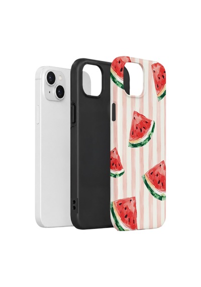 Apple iPhone Uyumlu 14 Vorian Çift Katmanlı Kılıf Watermelon Blush Stripe