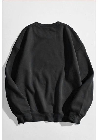 Los Angeles Yazı Tasarım Sweatshirt - Siyah Baskılı Oversize Kalın Kışlık Bisiklet Yaka Siyah