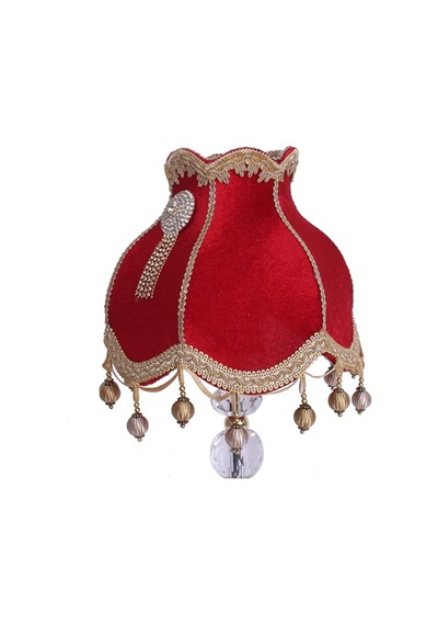 Kırmızı Redviev Cristal Abajur Broşlu Başlık Kristal Metal Ayaklı Klasik Model Abajur 50x30cm