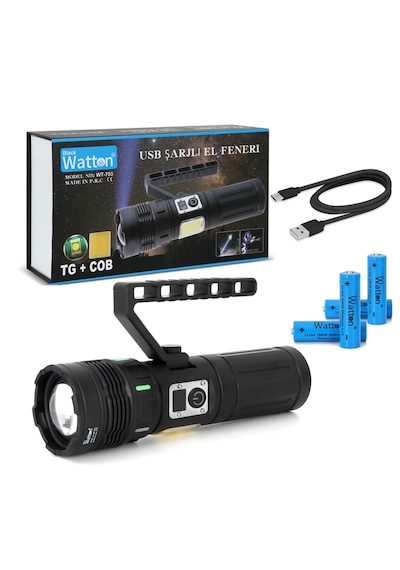 Watton WT-703 15.000 Lümen Tg+cob Led Şarjlı El Feneri Siyah