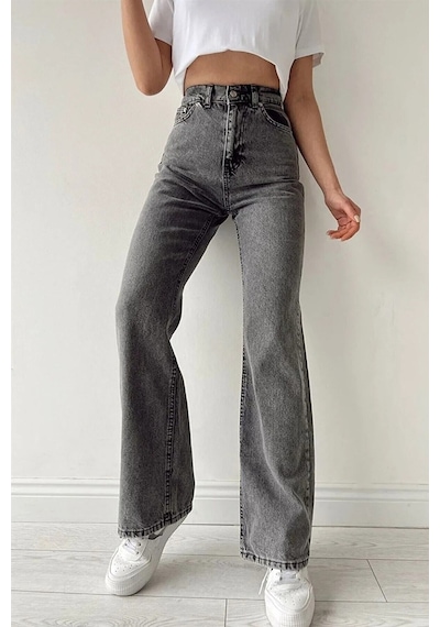 Lavajeans Penelope Antrasit Kar Yıkama Likralı Extra Yüksek Bel Bol Paça Lavajeans Jean Pantolon Antrasit