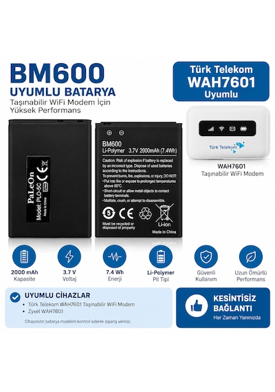 Türk Telekom Wah7601 Taşınabilir Wifi Modem Uyumlu Bm600 2000 Mah 3.7v Batarya
