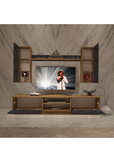 Decoraktiv Eko 5db Mdf Dvd Tv Ünitesi Tv Sehpası Pera - Siyah Mermer