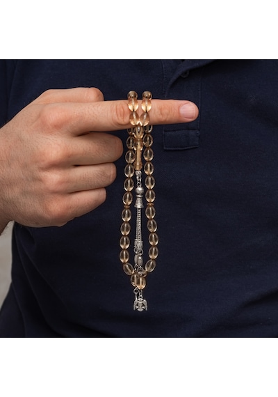 Premium Parlak Eskitmeli Metal Püsküllü Şeffaf Sıkma Kehribar Tesbih