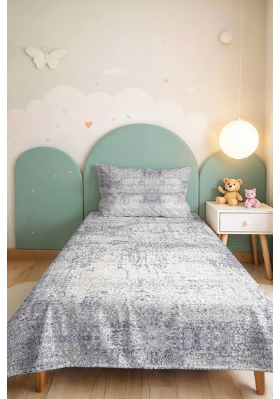 Mavi Gri Modern Genç Odası Tek Kişilik Pike Takımı - Mermer Dokulu 160x220 Cm Kapitone Yatak Örtüsü Kırçıllı Halı Serabı