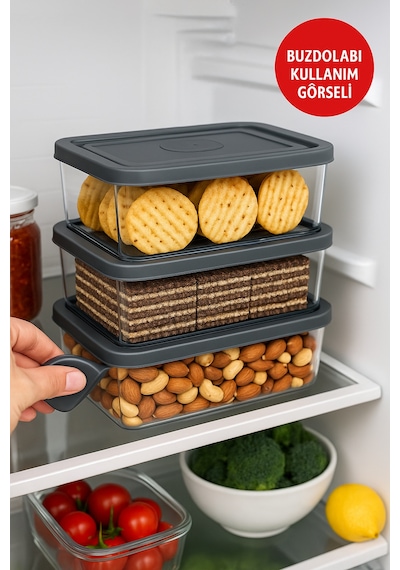 3 Lü Dikdörtgen Trio Saklama Kabı Seti 0.70l 1.0l 1.5l Gri Kapak Diğer
